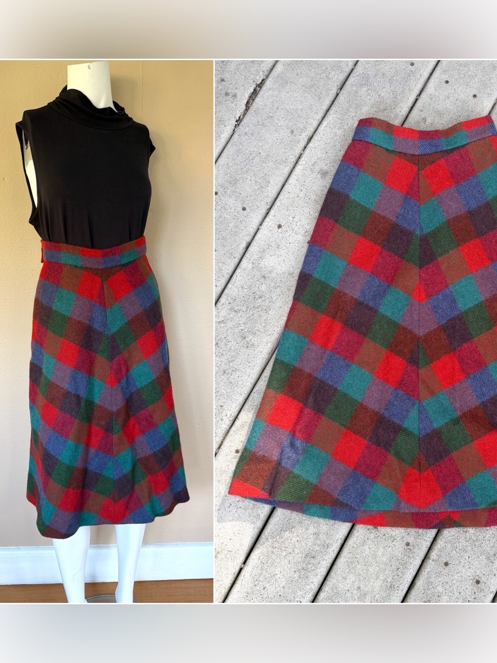 Vintage 70’s Wool Plaid A-Line Midi Skirt